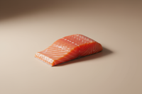 Minimalist premium product photo of a slice of raw salmon, isolated on a soft beige background, clean lighting, high-end food photography style, elegant and modern wellness aesthetic.
